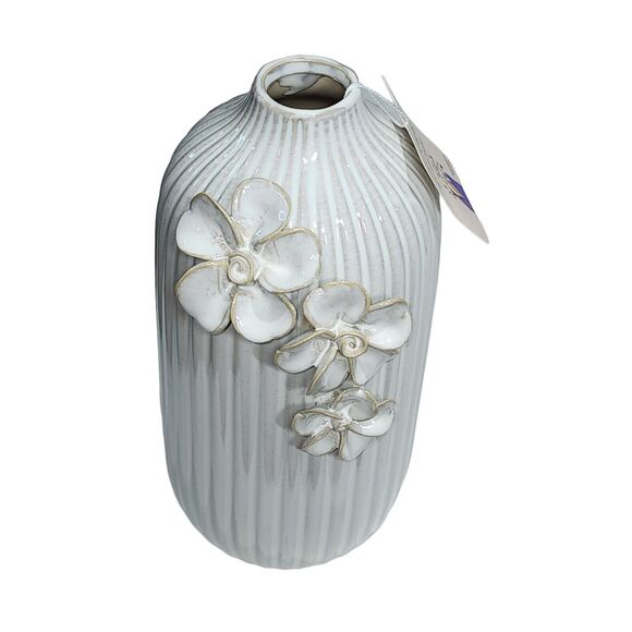 Flora Bunda Handcrafted By Artisans Ceramic Vase With Floral Appliqued 9.5" Tall - Picture 7 of 13